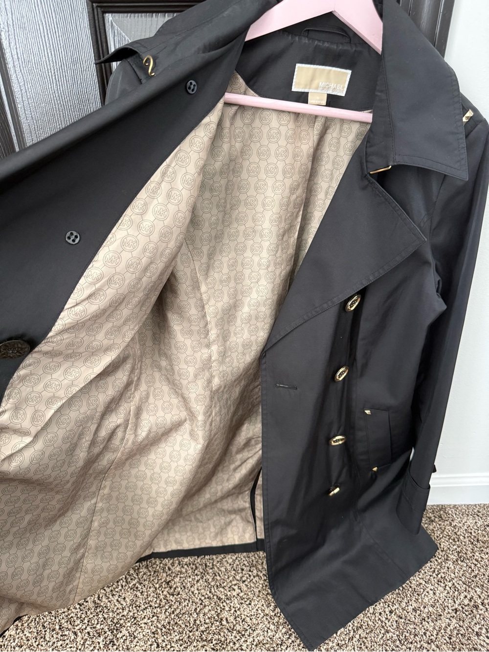Michael Kors Black Double-Breasted Trench with Gold Buttons - Picture 2 of 3